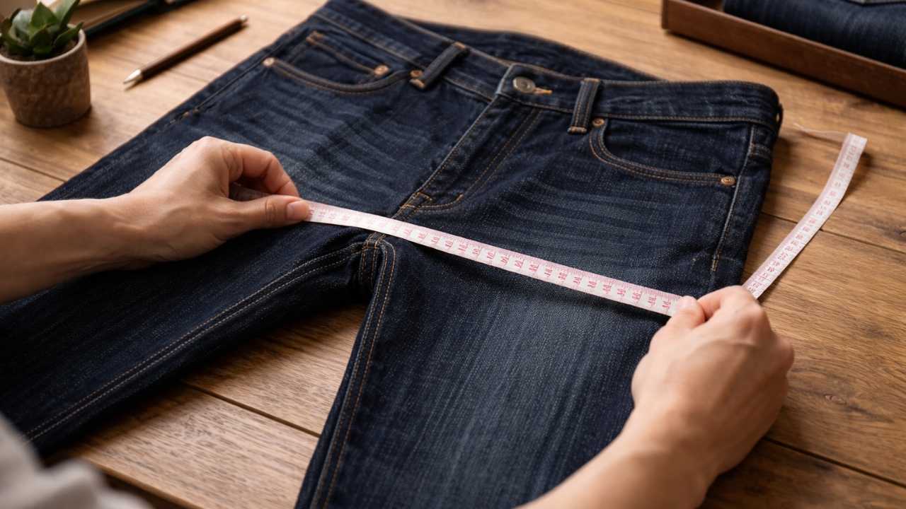 メジャーを使ってデニムジーンズのウエストと股下を確認している手元のリアルな写真