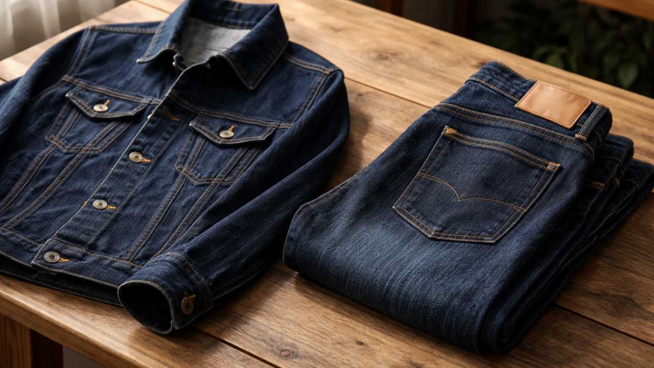 深いインディゴのデニムジャケットとジーンズを、シンプルな木製テーブルの上に整然と配置