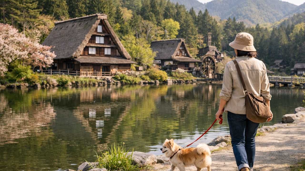 飛騨の里の合掌造りと池を背景に、愛犬と高山観光を楽しむ落ち着いた和の風景