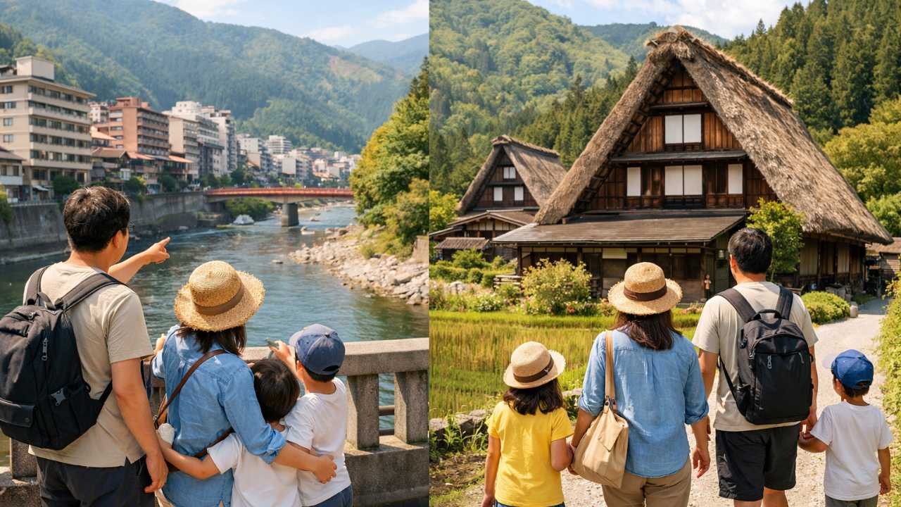下呂の家族旅行をテーマにしたブログ用アイキャッチ、下呂温泉の街並みと合掌造り風景