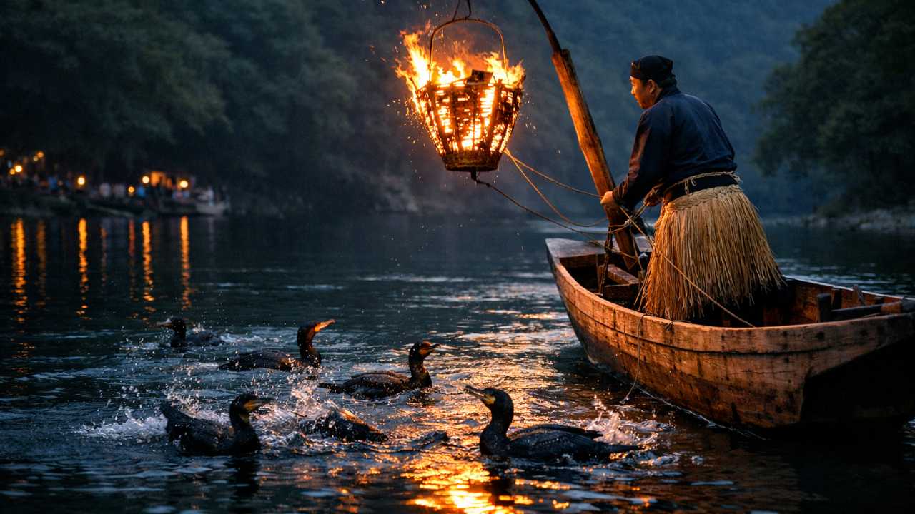日本の伝統的な鵜飼の夜景、川面に映る篝火、木造の鵜舟の先端に立つ鵜匠、複数のウミウが水面近くで動いている様子