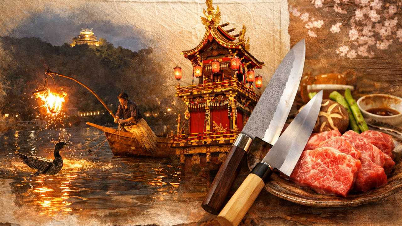 夜の長良川鵜飼を中心に、本美濃紙の質感、高山祭の屋台、関刃物、飛騨牛の要素をやわらかくコラージュした横長のブログ用アイキャッチ