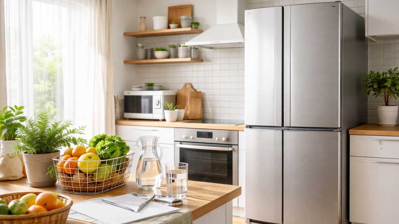 新しい冷蔵庫を自宅に設置した直後の明るいキッチン、買い替えによる快適さと省エネの雰囲気