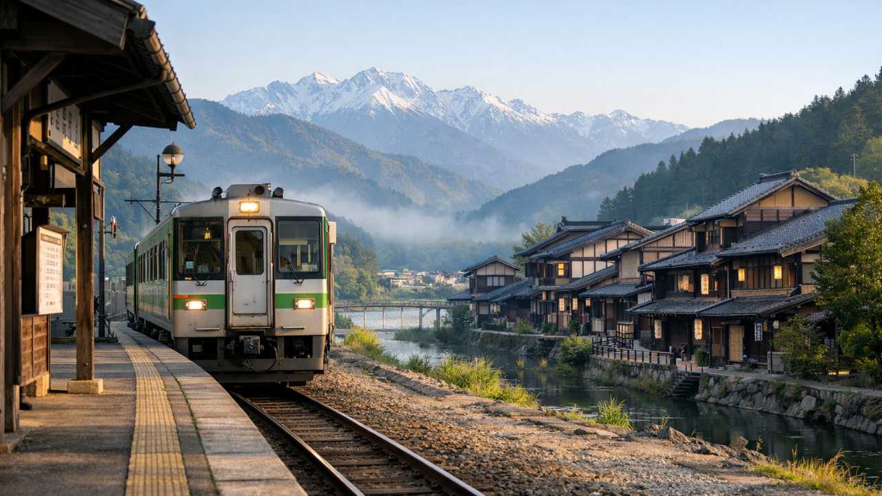 電車旅らしさが伝わる横長構図。手前にローカル線または旅情のある駅ホーム、奥に飛騨の山並み