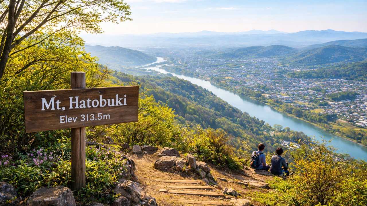 岐阜県の低山「鳩吹山」を初心者向け登山ブログのアイキャッチとして表現する、春のやわらかな朝の光、山頂から木曽川と広がる町並みを見下ろす開放感のある構図
