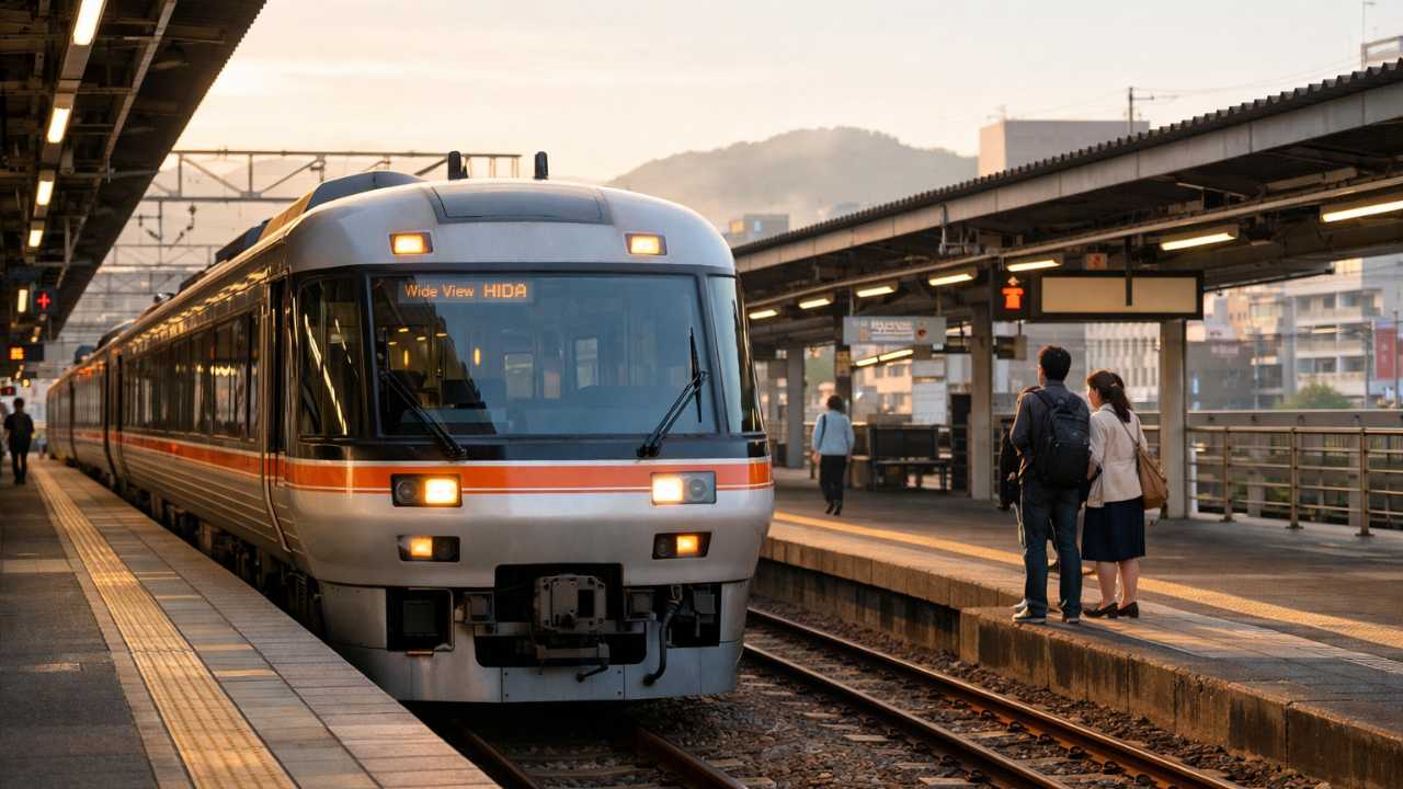 岐阜駅ホームに停車する現代的な特急ひだの車両、これから下呂温泉へ向かう旅の始まりを感じる雰囲気