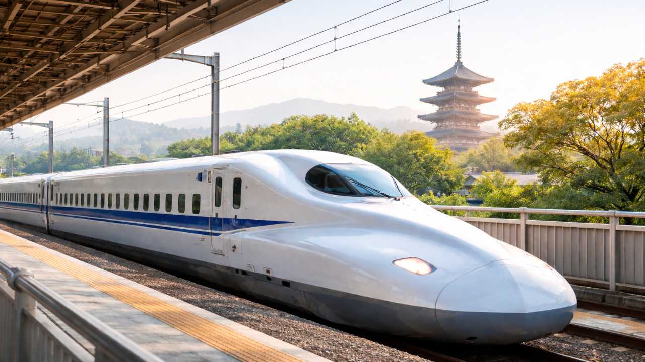 岐阜羽島駅を発着する東海道新幹線N700系の車両を主役にした横長ビジュアル