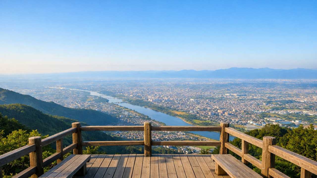 各務原権現山の山頂展望台から濃尾平野を見下ろす春の朝の風景
