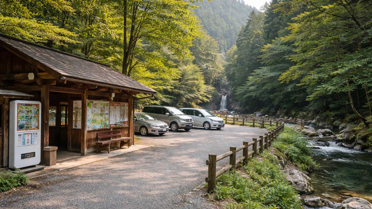 渓谷入口の案内所付近と駐車場を自然に切り取った写真風ビジュアル