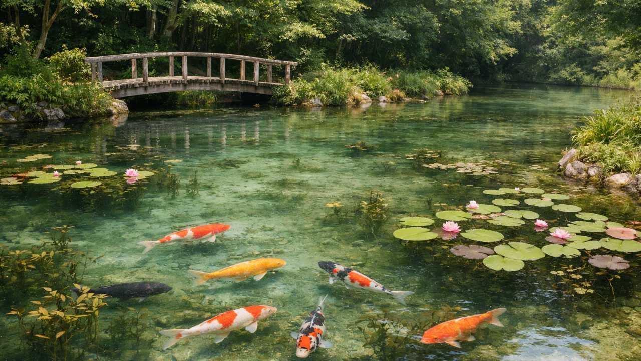 岐阜県関市のモネの池をモチーフにしたブログ用アイキャッチ。透明度の高い湧水の池、睡蓮、色鮮やかな錦鯉、小さな木橋、周囲の深い緑を柔らかい自然光で表現