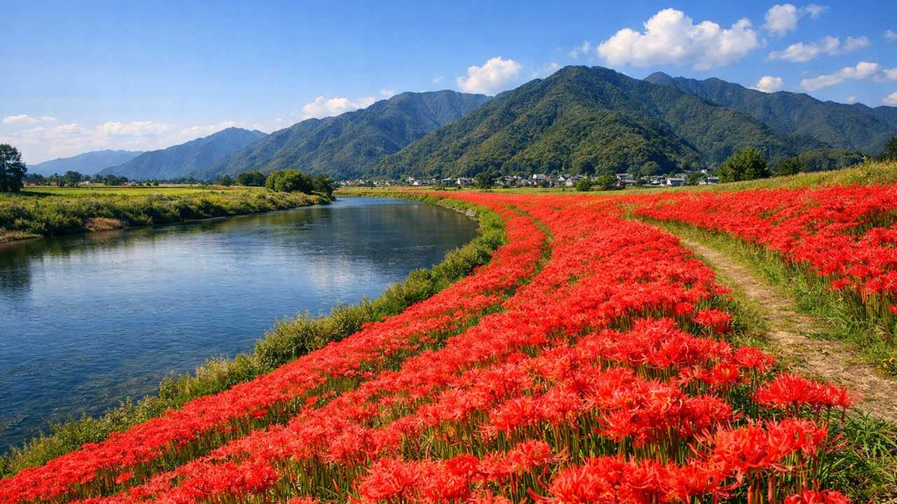 岐阜県海津市の津屋川堤防に一面に咲く彼岸花、川沿いの堤防斜面を鮮やかな赤い花が帯のように埋め尽くす風景