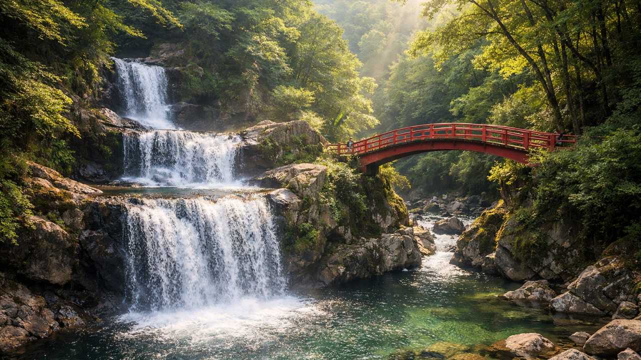 岐阜県八百津町の五宝の滝をイメージしたブログ用アイキャッチ、三段に流れ落ちる滝
