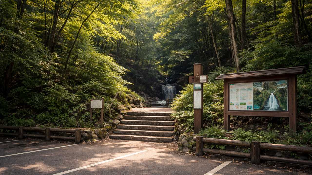 五宝の滝の駐車場から散策路へ向かう入口のイメージ