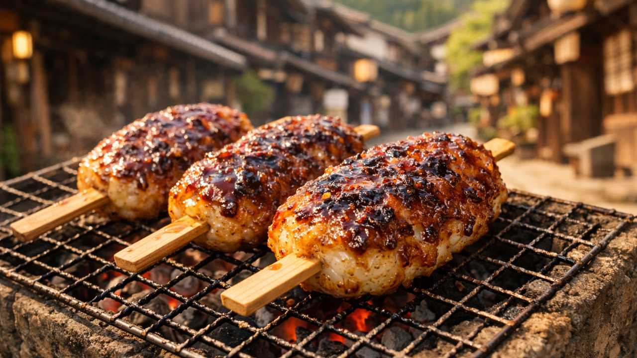 中津川名物の団子型五平餅が炭火で香ばしく焼かれている様子を主役にした、実写風のブログ用アイキャッチ写真