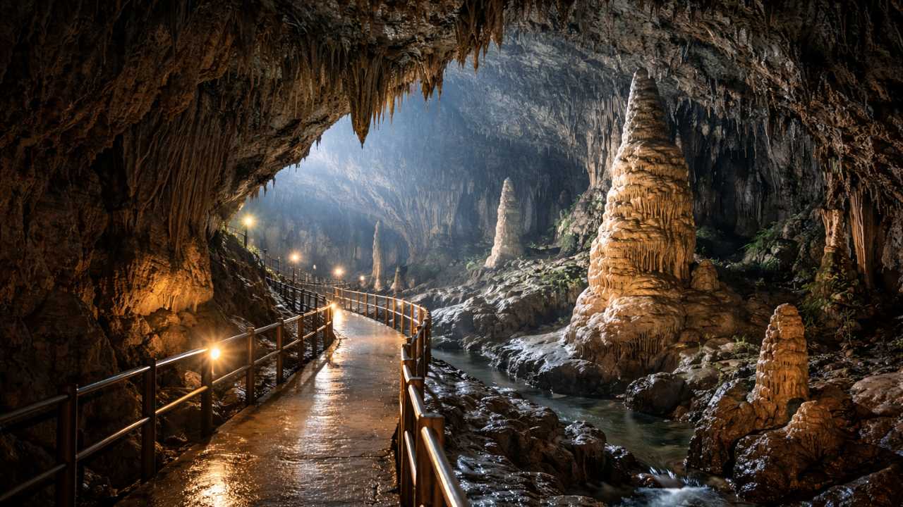 鍾乳洞内の幻想的な通路と鍾乳石