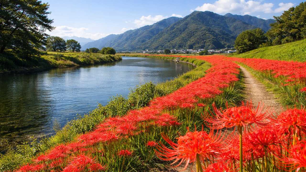 彼岸花を前景にして奥に川と堤防が続く津屋川の散策風景