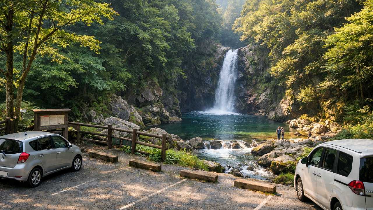 岐阜県の山あいにある美しい滝と渓谷、手前に自然になじむ小さな駐車スペース
