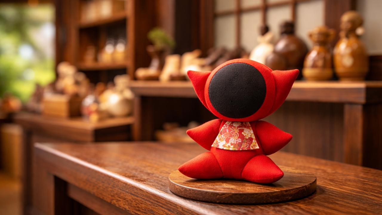 飛騨高山の和風土産店の木製棚の上に、赤いさるぼぼを主役として一体だけ丁寧に置いた写真風ビジュアル