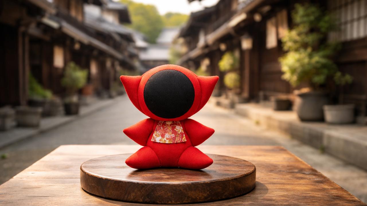 飛騨高山の古い町並みを背景に、赤いさるぼぼを木製の台の上へ一体置いた和風の写真風ビジュアル