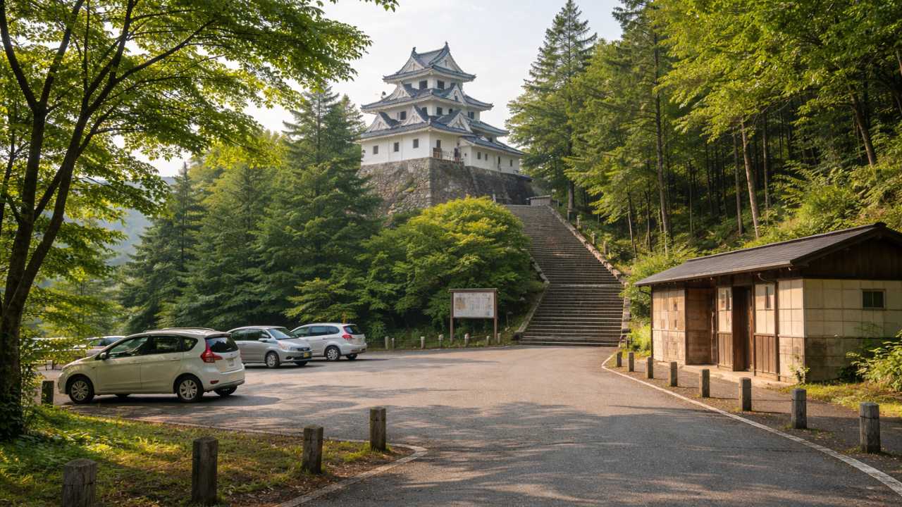 郡上八幡城の山頂駐車場と城入口付近を自然に写した実写風写真