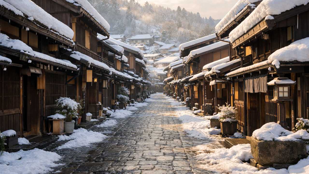 飛騨高山の古い町並が雪に包まれた冬の朝