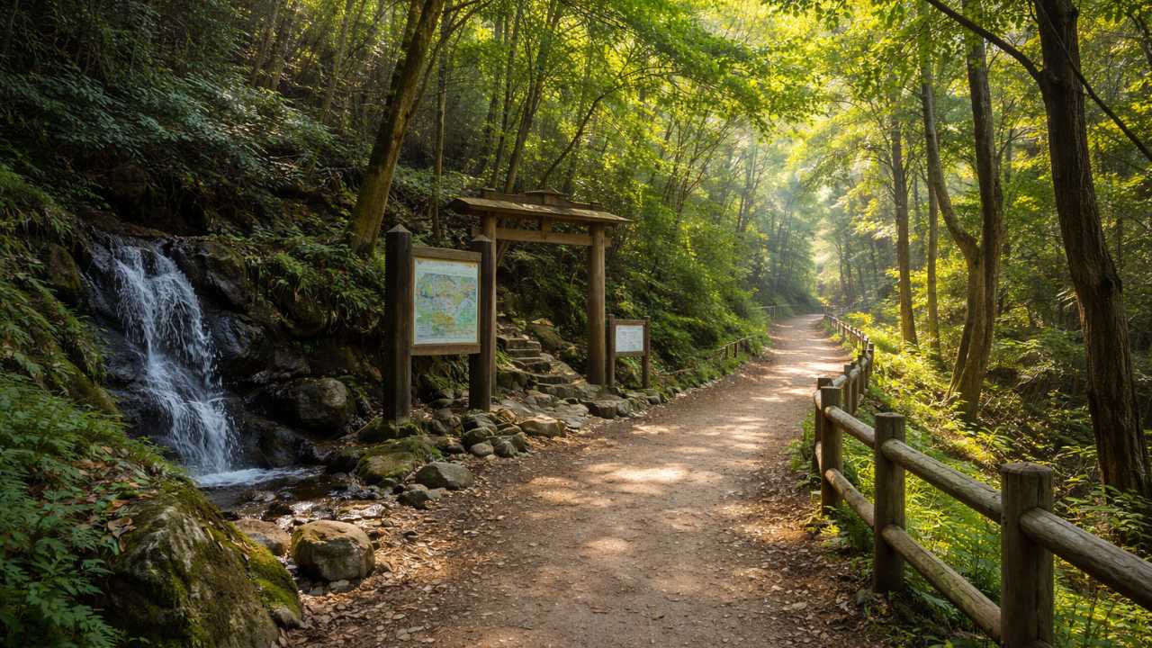 伊吹の滝近くの登山口から森の中へ続く各務原権現山の登山道