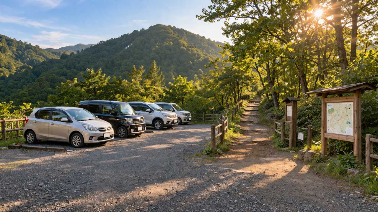 納古山の登山口近くにある小規模駐車場をイメージした実写風写真、山道の入口と案内の雰囲気が自然に伝わる構図