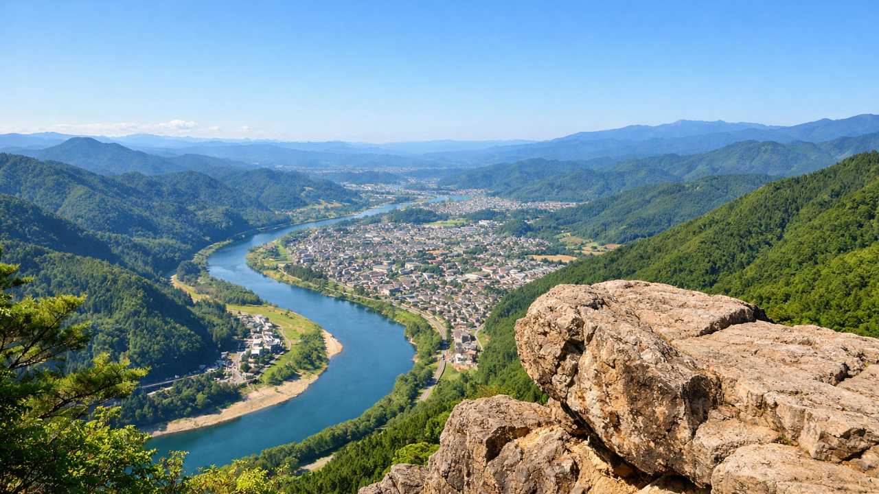 岐阜県川辺町の遠見山から見た大パノラマ。蛇行する飛騨川、町並み、山並みを見下ろす見晴らし岩の眺望