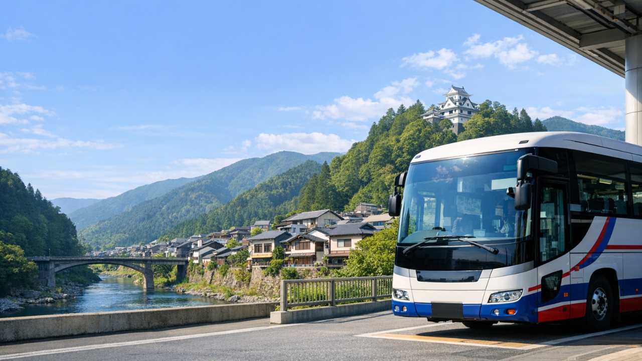 名古屋駅周辺の高速バスターミナルから郡上八幡へ向かう旅を表現した、明るく清潔感のあるリアル寄りのアイキャッチ画像