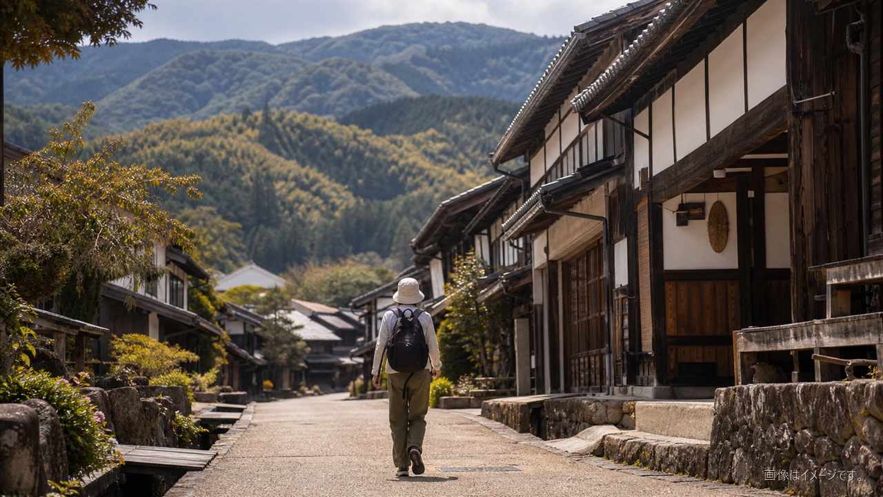 中山道の細久手宿を散策する旅行者の後ろ姿