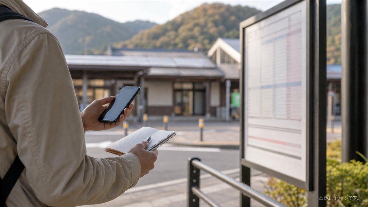 瑞浪駅前で時刻表を確認する旅行者の手元、スマートフォンと小さな旅ノート