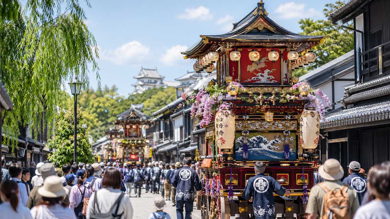 岐阜県大垣市の初夏の祭り風景、城下町の通りを華やかな伝統的な軕が巡行