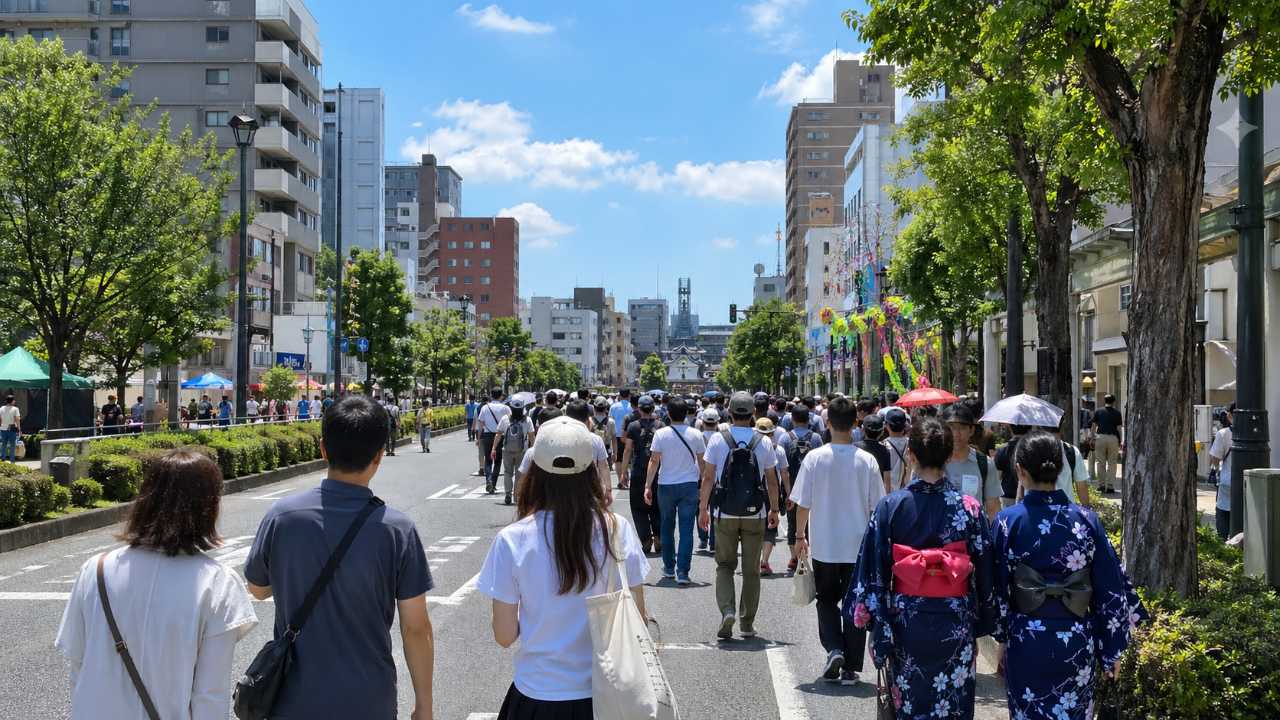 JR大垣駅から祭り会場へ向かう人の流れ