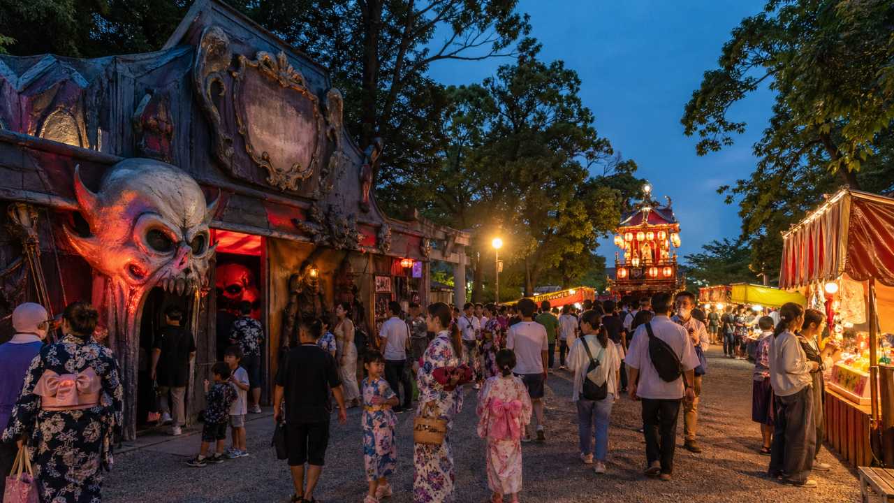 夕暮れの大垣八幡神社周辺、屋台の明かり、昔ながらのお化け屋敷の看板、遠くに提灯が灯る祭りの山車、家族連れや浴衣姿の人々が歩く温かい雰囲気
