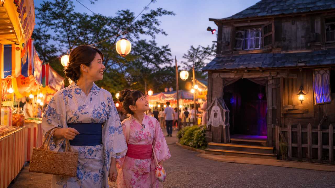 親子が祭りの屋台を見ながら歩き、お化け屋敷に入るか迷っている様子