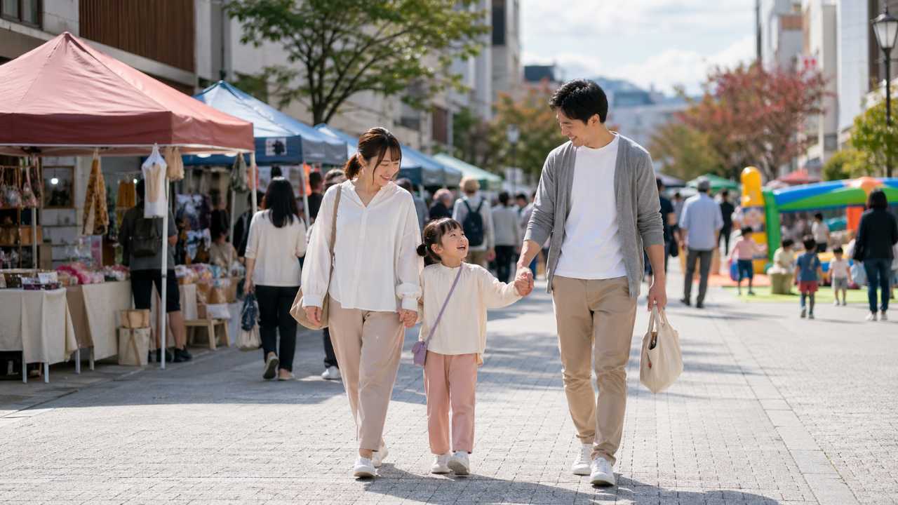 親子連れがまちなかイベントを歩きながら楽しんでいる様子