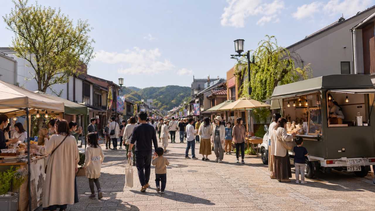 岐阜県関市の本町通りをイメージした、明るい昼下がりのまち歩きイベント風景