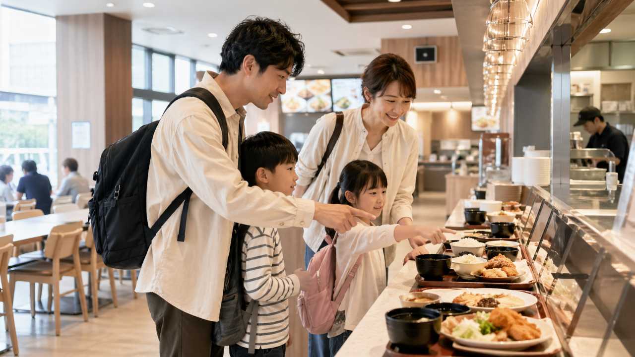 サービスエリアのフードコートで家族が定食を選ぶイメージ