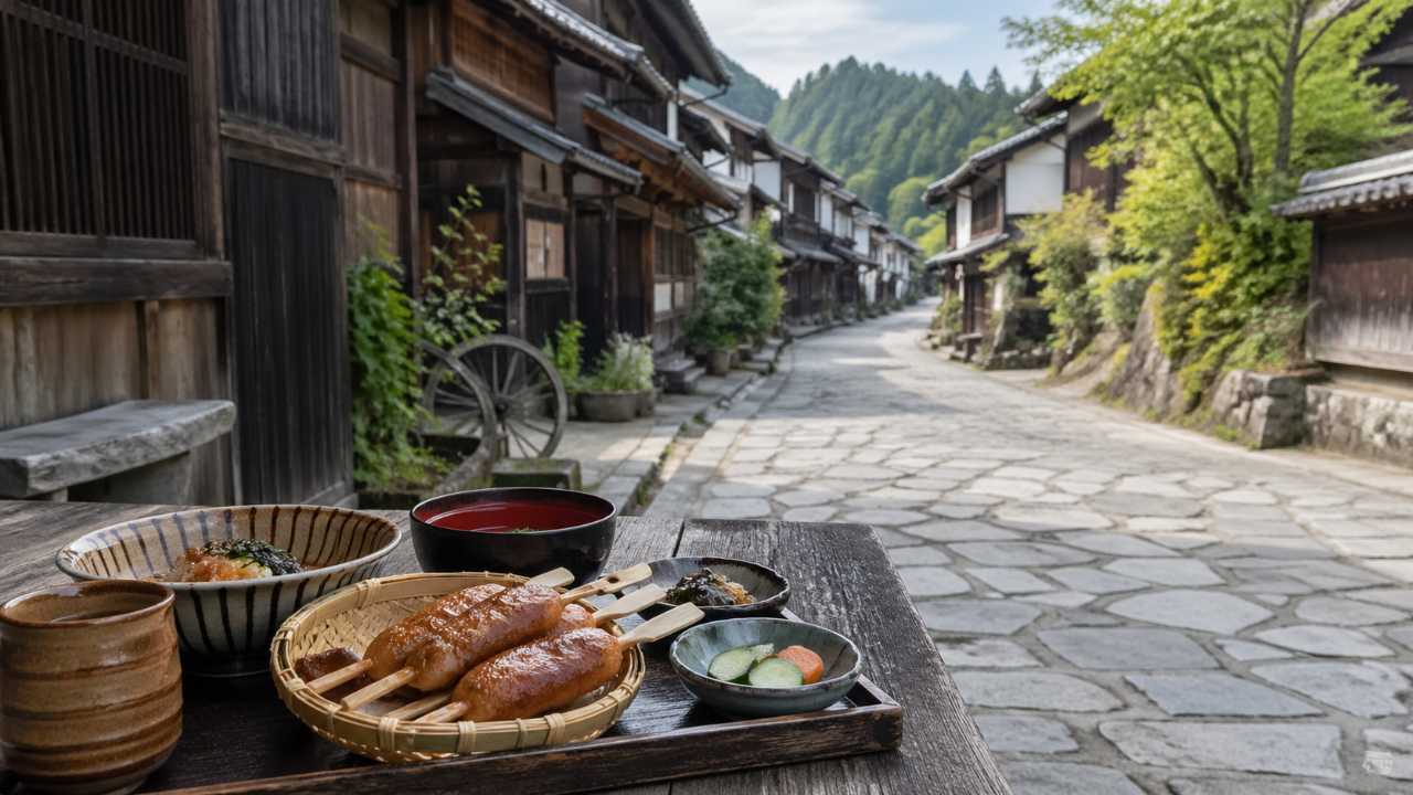 岐阜県恵那市の中山道大井宿をイメージした宿場町の通り、古い木造建築と石畳風の道、手前に温かみのある定食と五平餅が並ぶ小さな食卓、観光ブログのアイキャッチに使いやすい構図