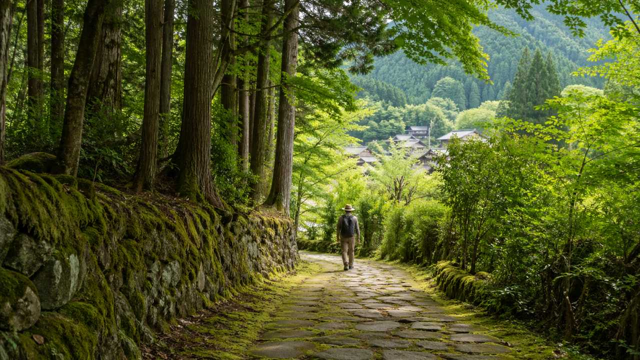 岐阜県中津川市の旧中山道をイメージした写真風アイキャッチ。苔むした石畳の道が木立の中をゆるやかに続き、奥に馬籠宿へ向かう山里の雰囲気