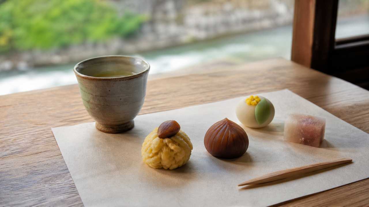 中津川らしい栗きんとんと和菓子を旅の休憩として楽しむ実写風写真