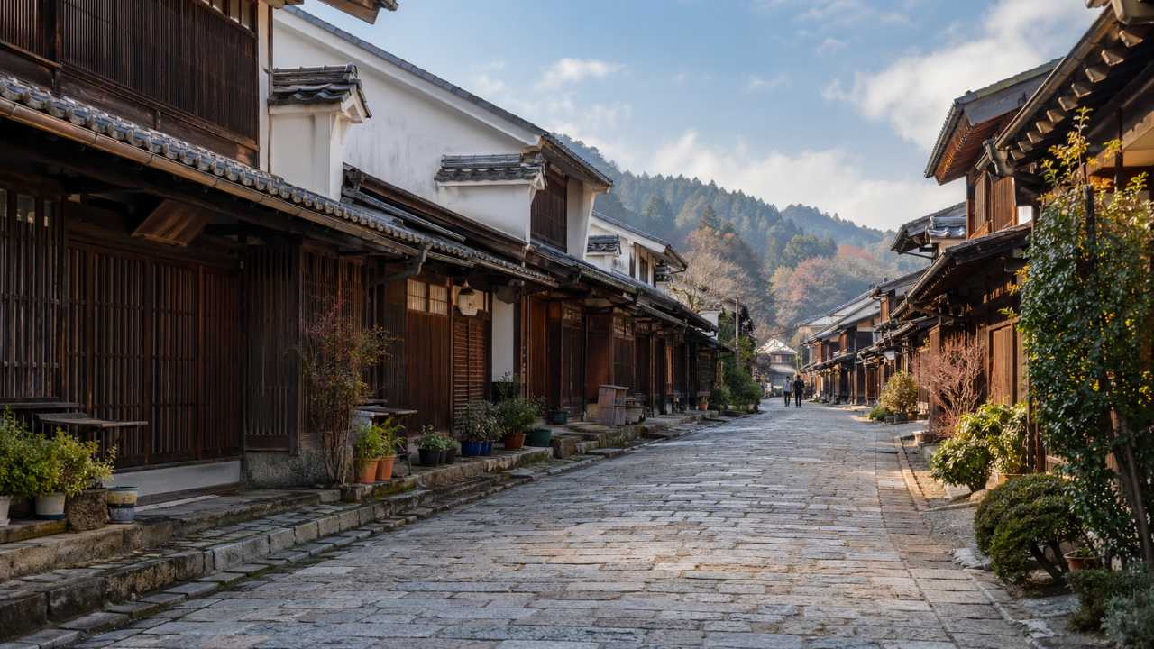 中山道の宿場町「中津川宿」をイメージした実写風のブログ用アイキャッチ。落ち着いた本町通りの町並み、うだつのある古い商家、石畳風の道、やわらかな朝の光、歴史散策を感じる穏やかな雰囲気