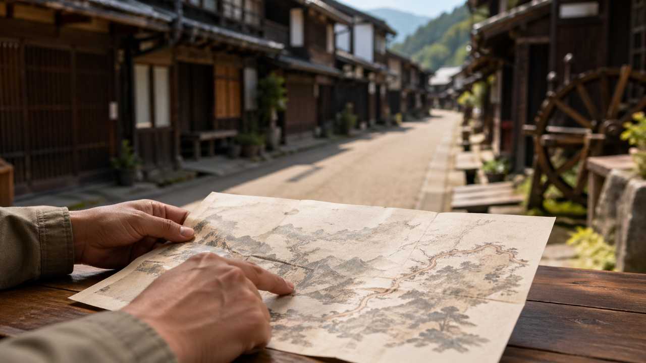 中山道の歴史散策マップを連想させる自然な写真風イメージ