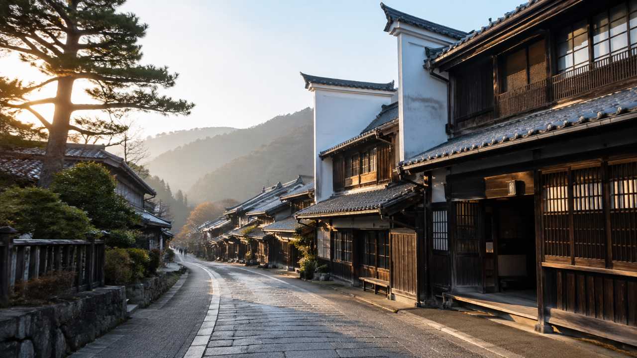 中山道の宿場町・中津川宿の本陣跡をイメージしたブログ用アイキャッチ。落ち着いた江戸情緒のある町並み、石畳風の道、木造町家、うだつのある建物