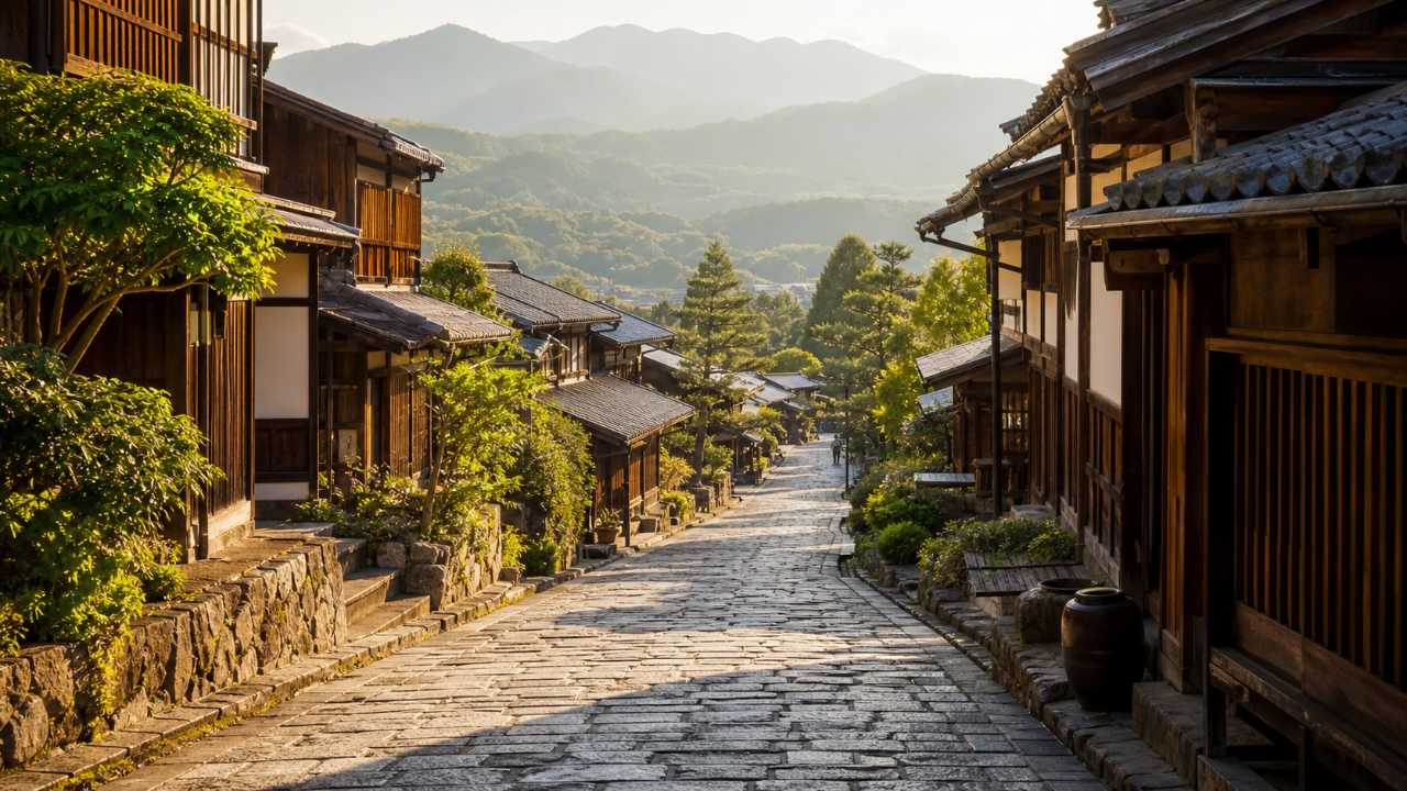 江戸時代の面影を感じる石畳風の坂道と古い町並み