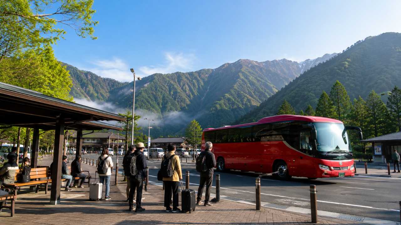 平湯バスターミナル周辺で旅人がバスを待つ朝の風景