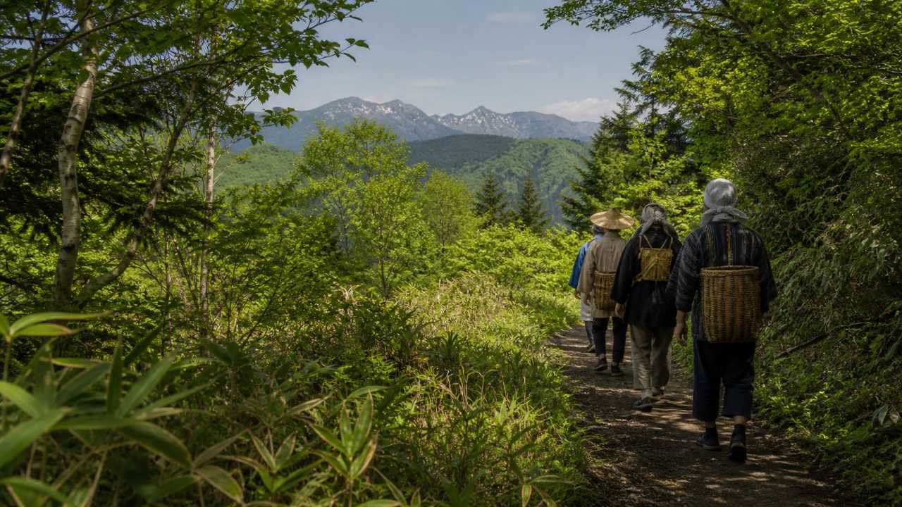 新緑の野麦峠を舞台に、昔の工女行列を思わせる人々が山道をゆっくり歩いている実写風