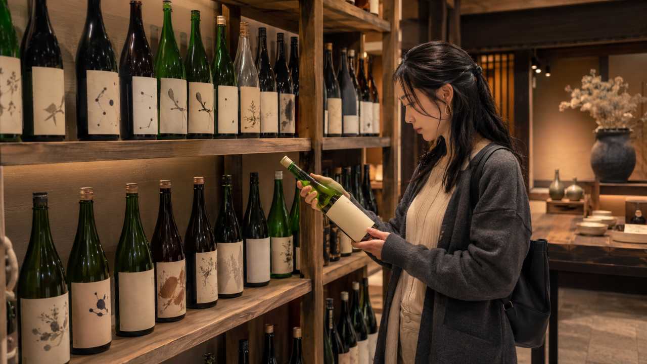 酒蔵の店内に地酒の瓶が美しく並び、旅行者が銘柄を選んでいる実写風写真