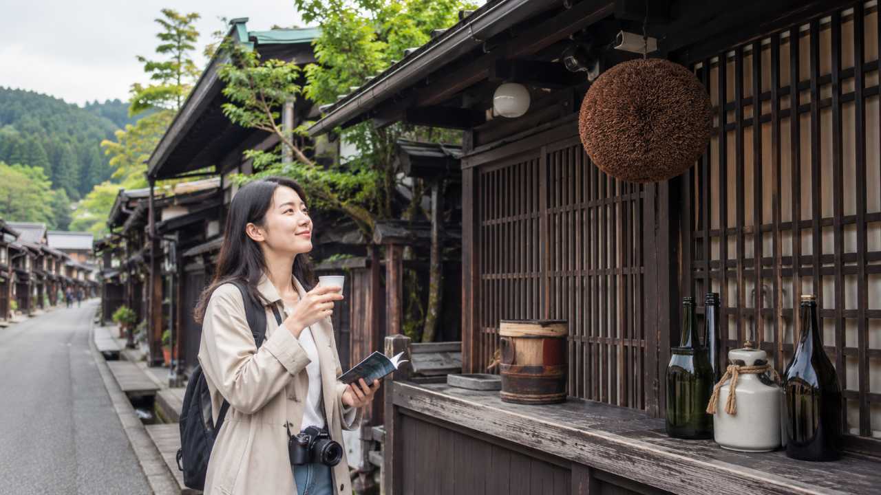 飛騨高山の古い町並にある歴史的な木造酒蔵の前で、旅行者が小さな試飲カップと冊子を手にしている実写風写真