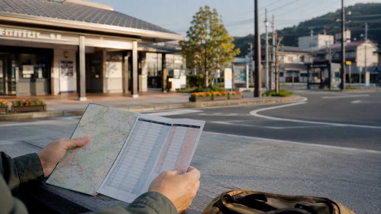 瑞浪駅から大湫宿へ向かう公共交通の旅をイメージした写真風画像